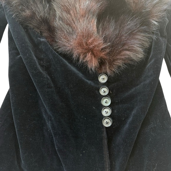 Vintage 1940s 1950s Black Velvet Jacket Real Fur Collar Button Front - Picture 2 of 9
